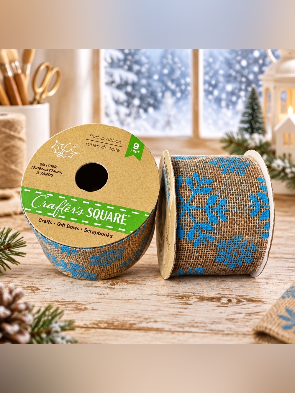 2 Piece Crafter's Square Burlap Ribbon 2in x 3yd Brown/Blue Printed Snowflakes